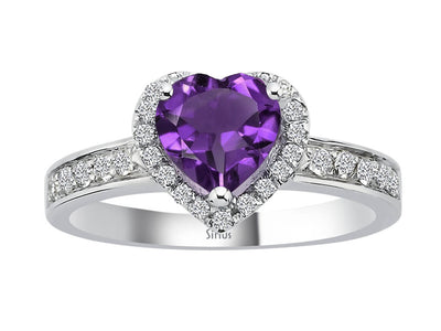 Diamond and heart cut amethyst ring in 14 K white gold