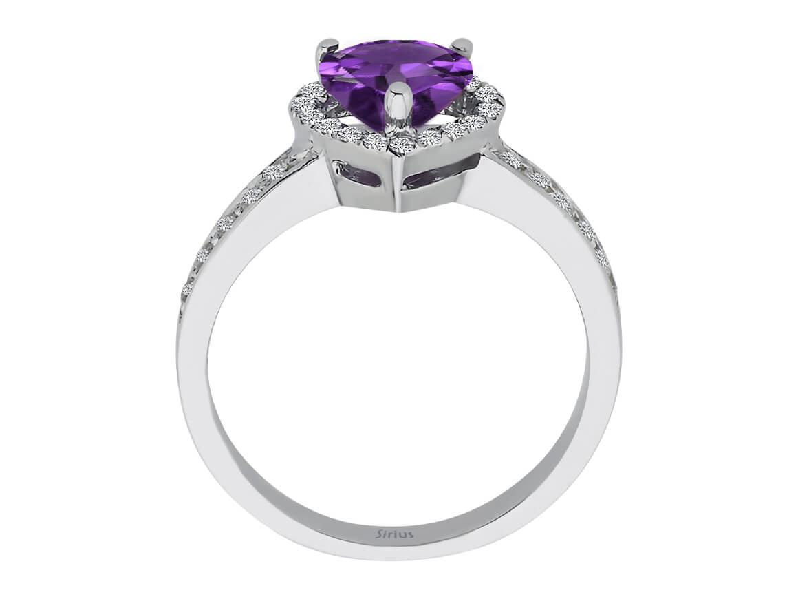 Diamond and heart cut amethyst ring in 14 K white gold