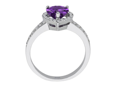 Diamond and heart cut amethyst ring in 14 K white gold
