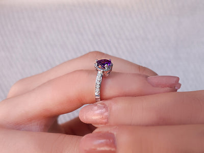 Diamond and heart cut amethyst ring in 14 K white gold