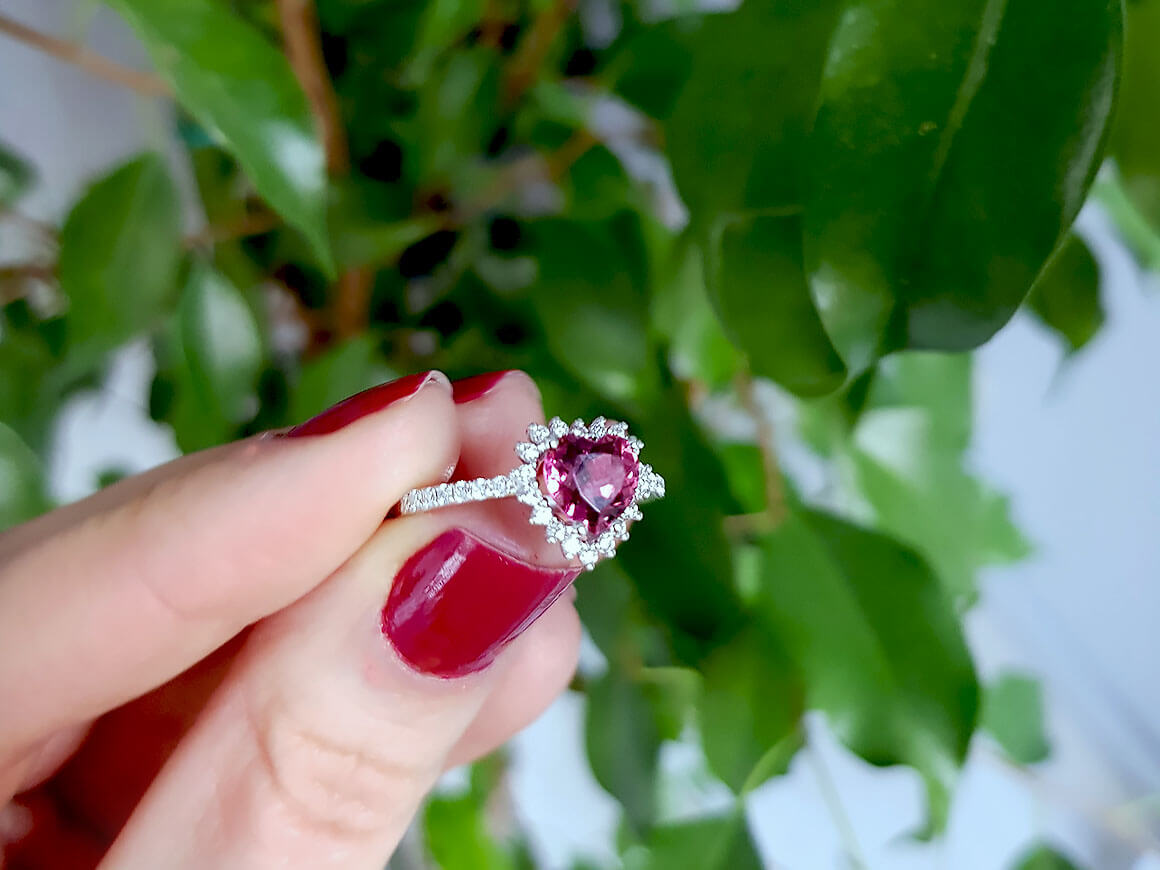 Diamond and Heart Tourmaline Love Ladies Ring in 14 K White Gold