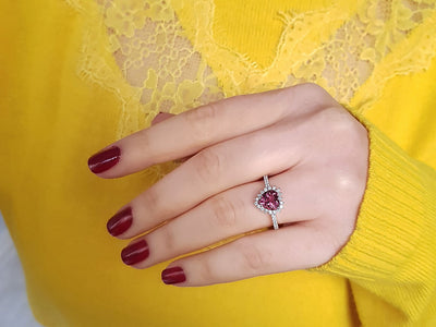 Diamond and Heart Tourmaline Love Ladies Ring in 14 K White Gold