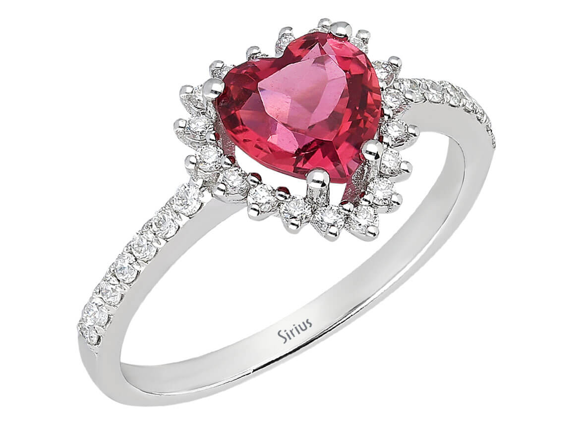 Diamond and Heart Tourmaline Love Ladies Ring in 14 K White Gold