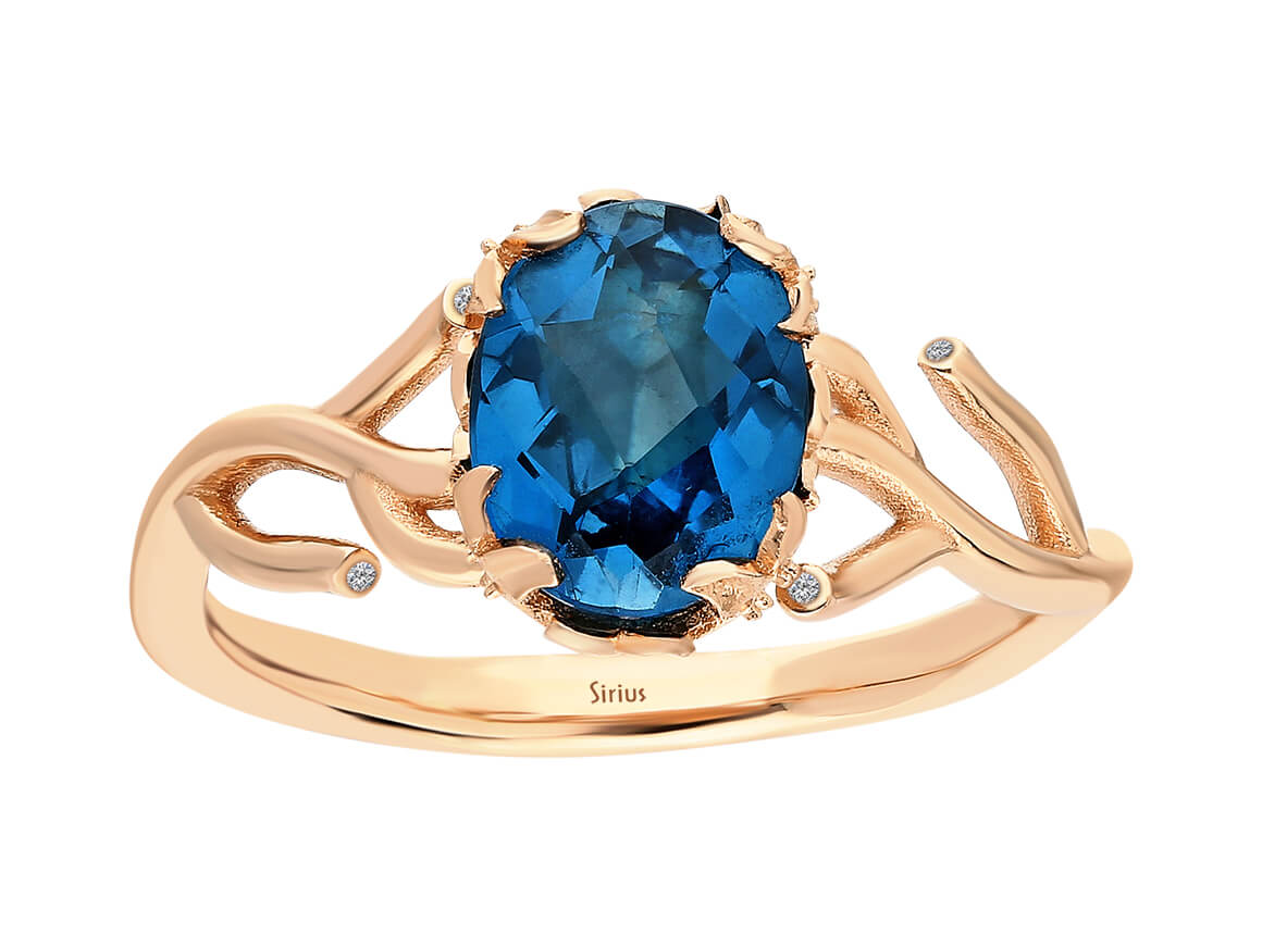 Diamant und London Blau Topas Ring in 585er 14K Rotgold - handgefertigter Diamantschmuck aus Feingold | Sirius Diamant