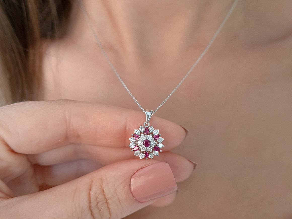 Diamond and Marquise Ruby Lily Necklace in 14 K White Gold