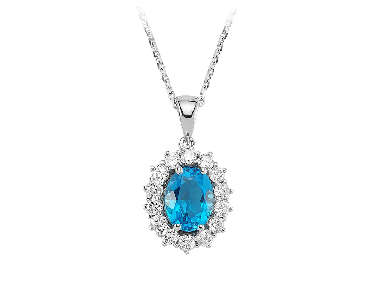 Diamant und Blauer Topas Collier in 14 K - handgefertigter Diamantschmuck aus Feingold | Sirius Diamant