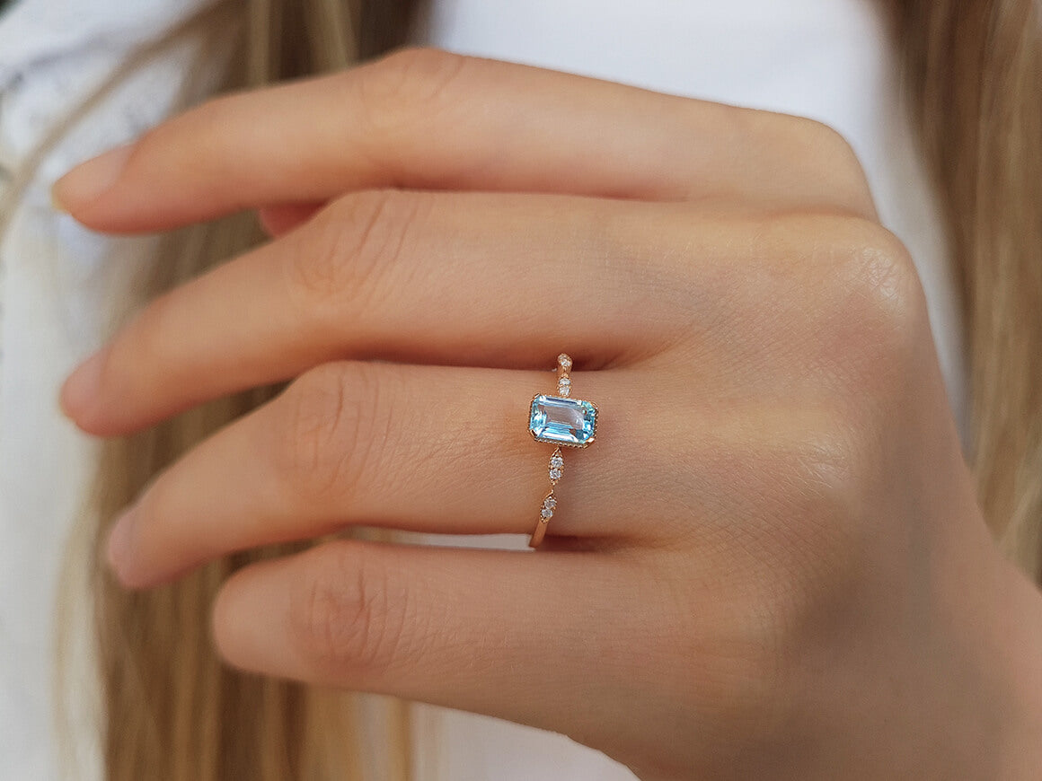 Diamond and Octagon Blue Topaz Aqua Ring