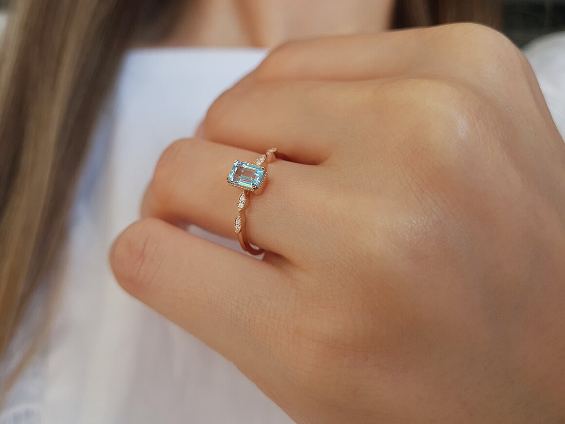 Diamond and Octagon Blue Topaz Aqua Ring