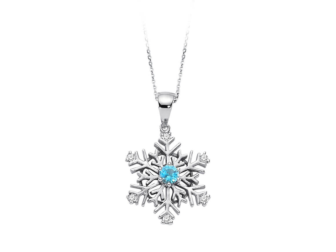 Collier flocon de neige en diamant et topaze bleue en or 8 carats
