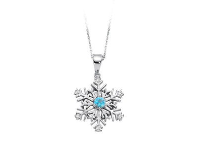 Collier flocon de neige en diamant et topaze bleue en or 8 carats