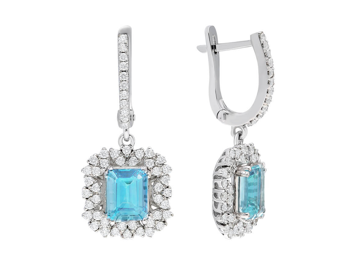 Diamant und Oktagon Aquamarin Ohrhänger - handgefertigter Diamantschmuck aus Feingold | Sirius Diamant
