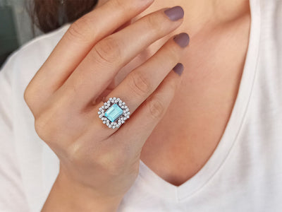 Diamond and octagon cut aquamarine ring