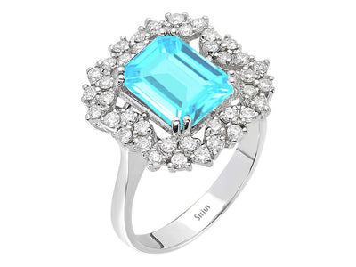 Diamond and octagon cut aquamarine ring