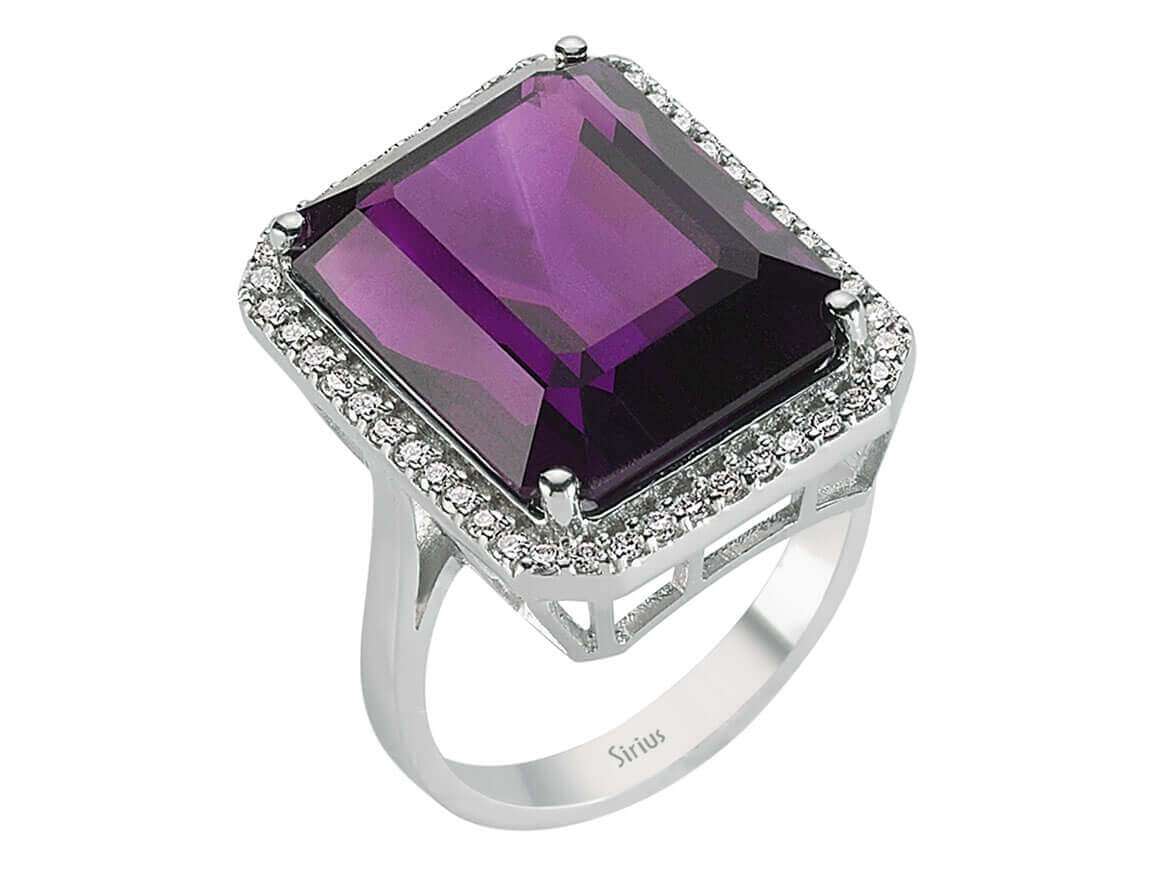 Diamant und Oktagon Schliff Amethyst Ring - handgefertigter Diamantschmuck aus Feingold | Sirius Diamant