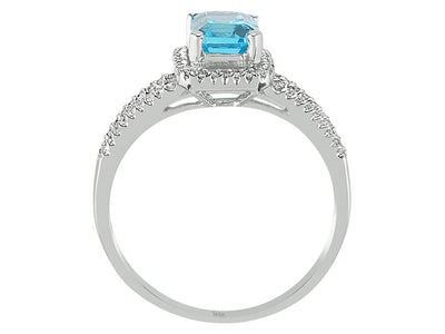 Diamond and octagon blue topaz ring in 585 14 carat white gold