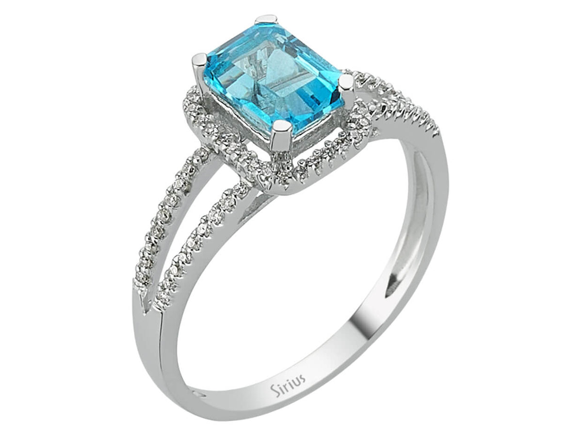 Diamant und Oktagon Blauer Topas Ring in 585 14 Karat Weißgold - handgefertigter Diamantschmuck aus Feingold | Sirius Diamant
