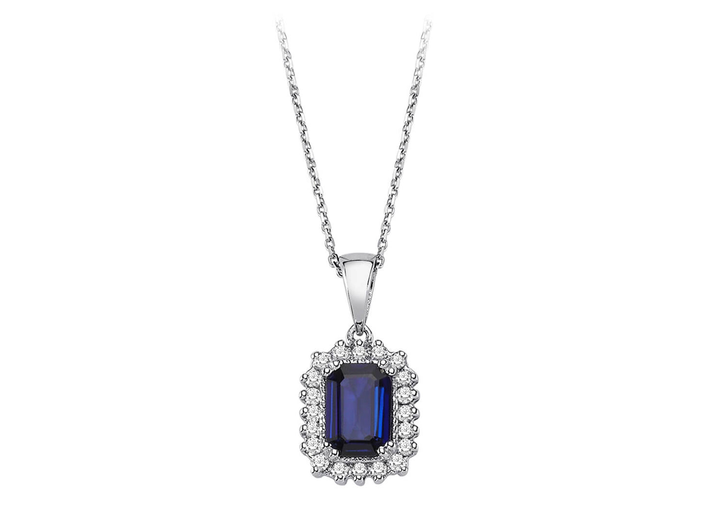 Collier en or blanc 14 carats avec diamants et saphirs taille octogonale