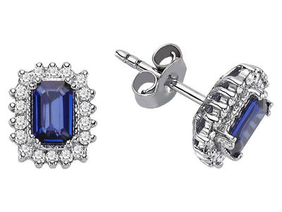 Diamond and octagon cut sapphire earrings in 14 carat white gold
