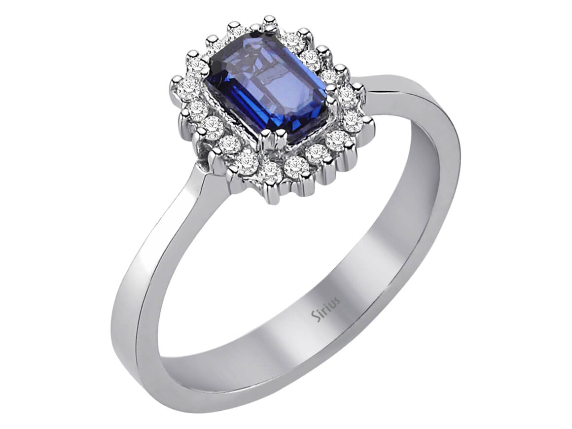Diamond and octagon cut sapphire ring