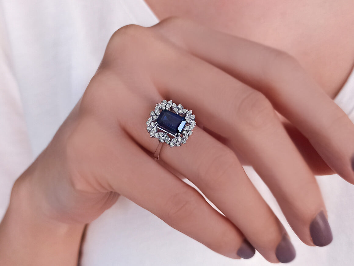 Diamond and octagon cut sapphire ring