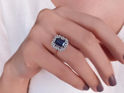 Diamond and octagon cut sapphire ring