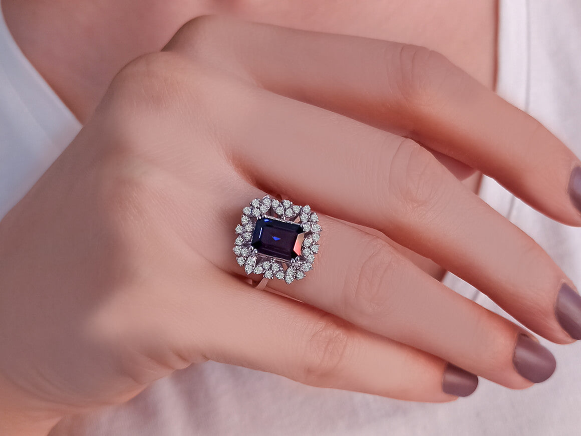 Diamond and octagon cut sapphire ring