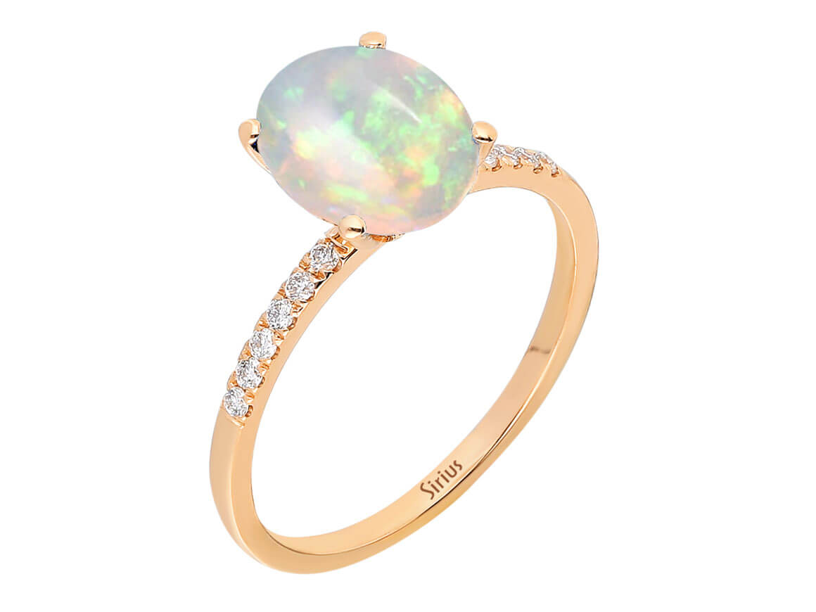 Diamond and white opal ring in 14K red gold
