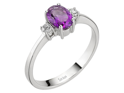 Diamond and oval amethyst ring in 8 K white gold