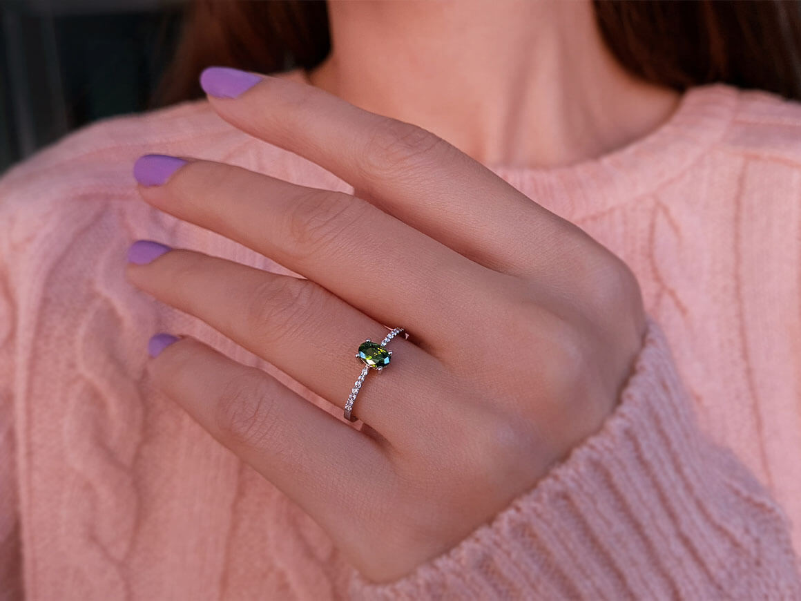 Diamond and Oval Cut Green Sapphire Ring