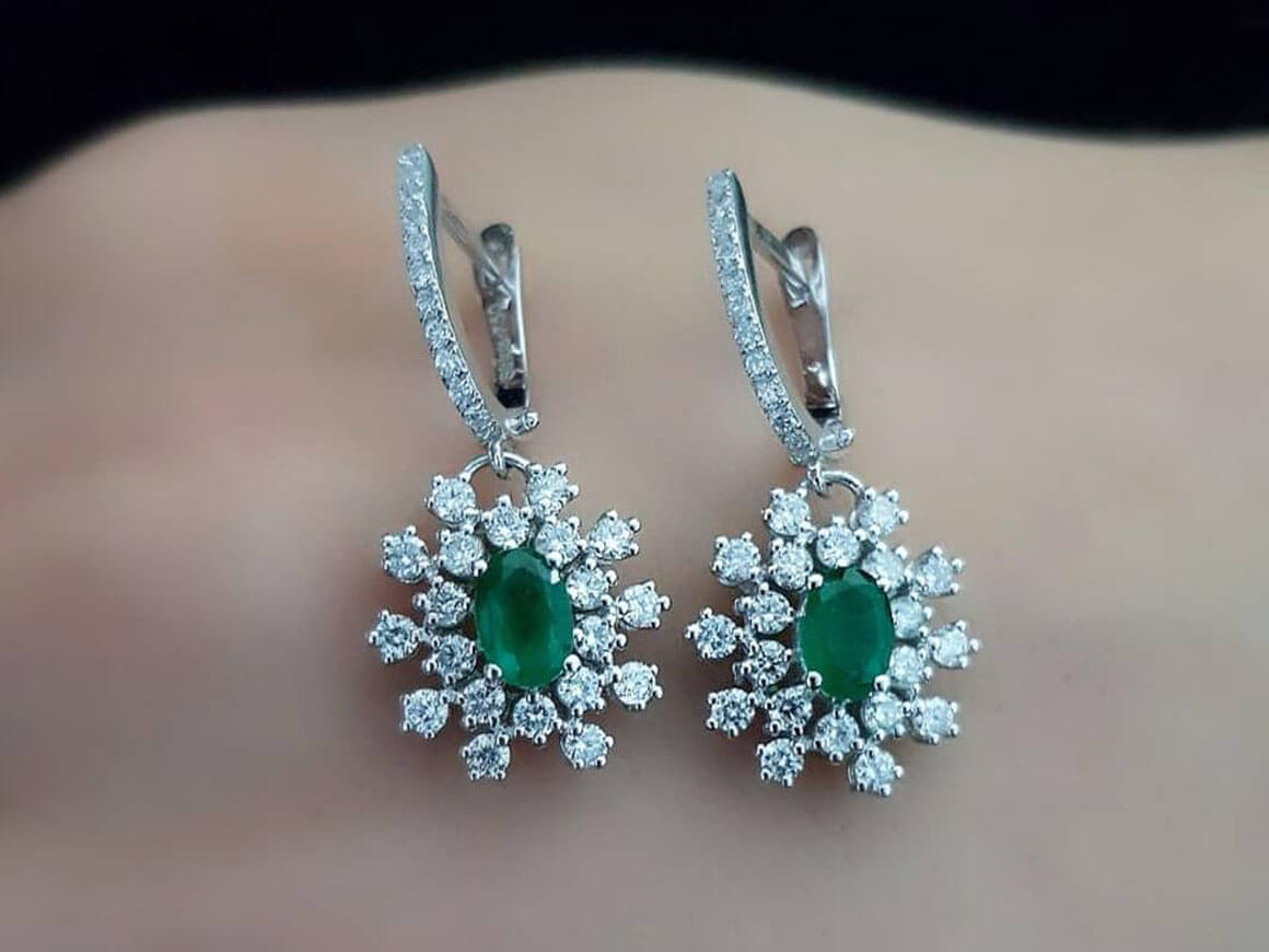 Diamond and Oval Emerald Moiree Dangle Earrings