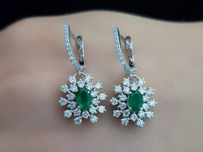 Diamond and Oval Emerald Moiree Dangle Earrings