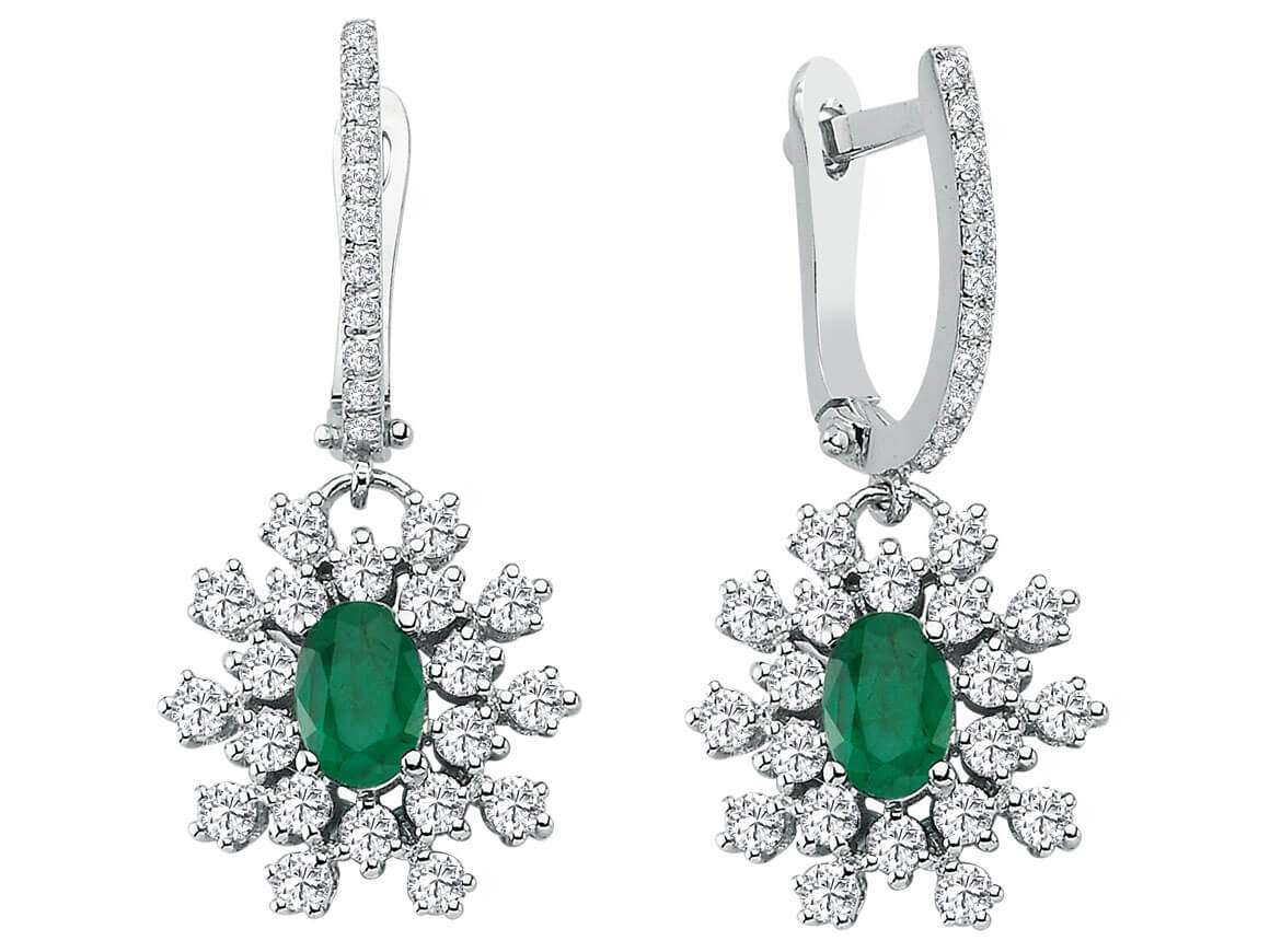 Diamond and Oval Emerald Moiree Dangle Earrings