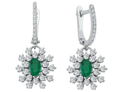 Diamond and Oval Emerald Moiree Dangle Earrings