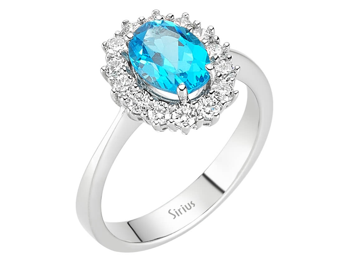 Diamant und Oval Blauer Topas Ring in 14 K Weißgold - handgefertigter Diamantschmuck aus Feingold | Sirius Diamant
