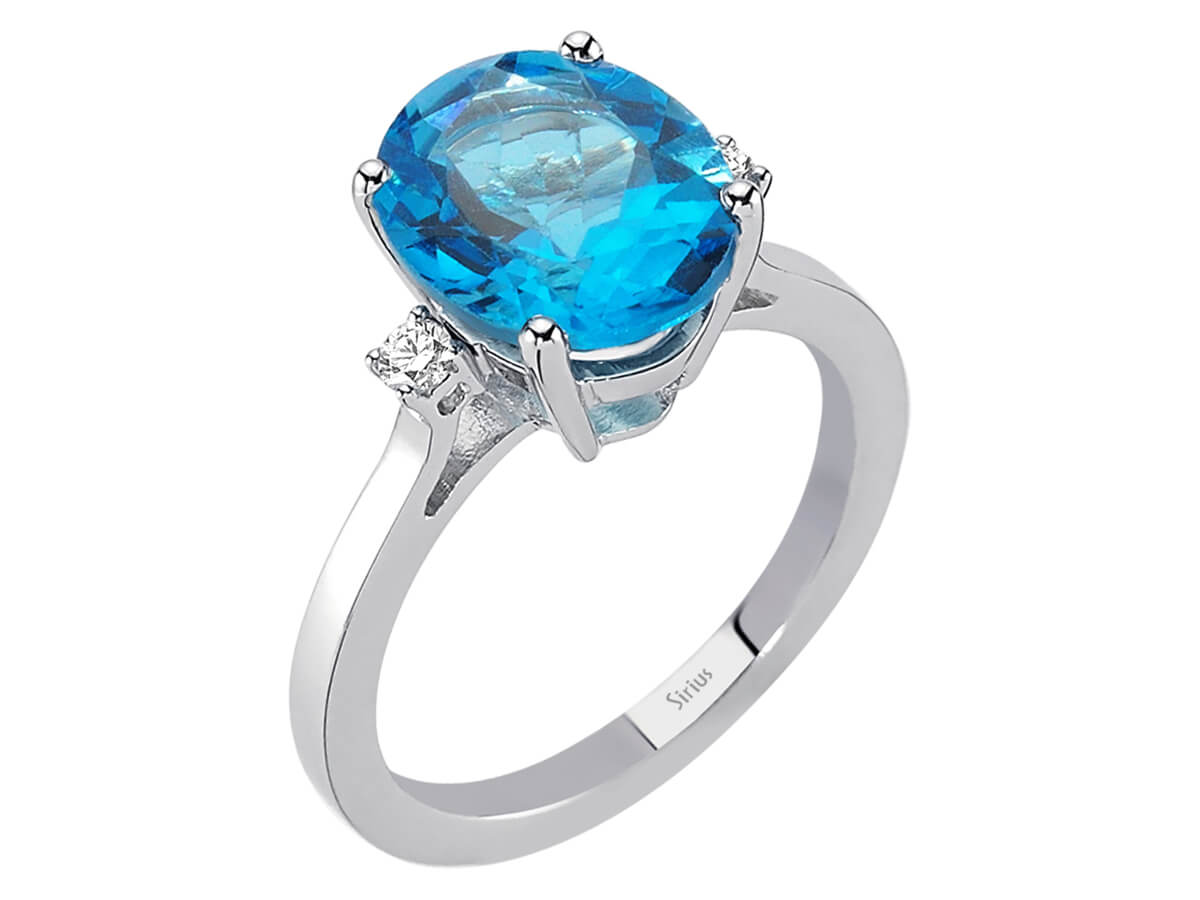 Diamant und Oval Blauer Topas Ring in 585er 14 Karat Weißgold - handgefertigter Diamantschmuck aus Feingold | Sirius Diamant