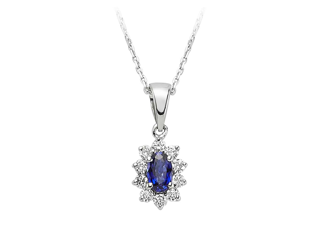 Diamond and oval sapphire necklace in 14 K white gold