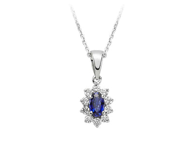 Diamond and oval sapphire necklace in 14 K white gold