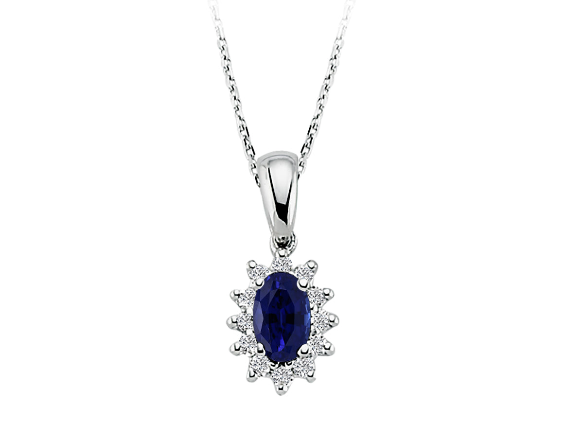 Oval sapphire necklace with diamonds in white gold