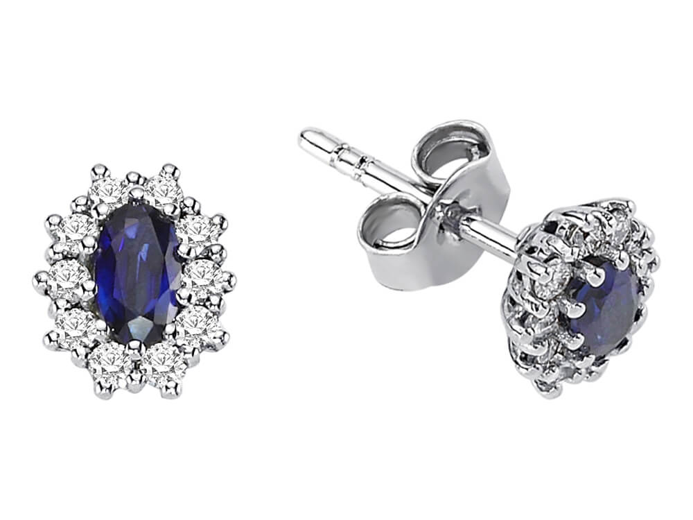 Diamond and oval sapphire earrings in 333 8K white gold