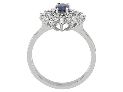 Diamond and oval sapphire ring in 14 K white gold