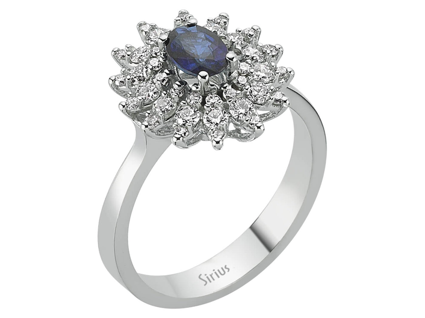 Diamond and oval sapphire ring in 14 K white gold