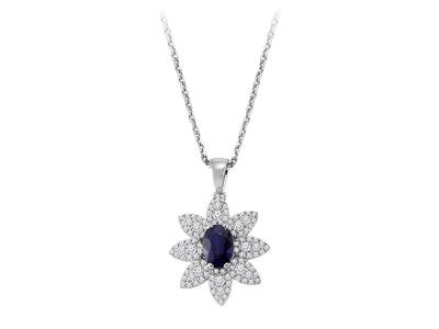 Diamond and oval sapphire necklace in 14 K white gold