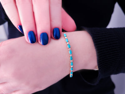 Diamond and oval turquoise bracelet in 14 K rose gold