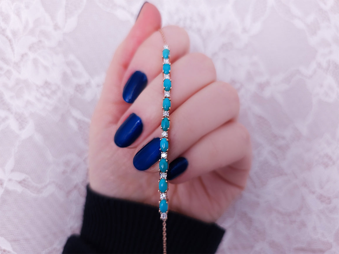 Diamond and oval turquoise bracelet in 14 K rose gold