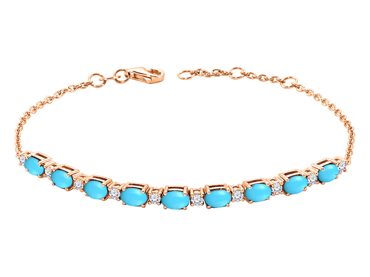 Diamond and oval turquoise bracelet in 14 K rose gold