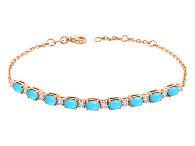 Diamond and oval turquoise bracelet in 14 K rose gold