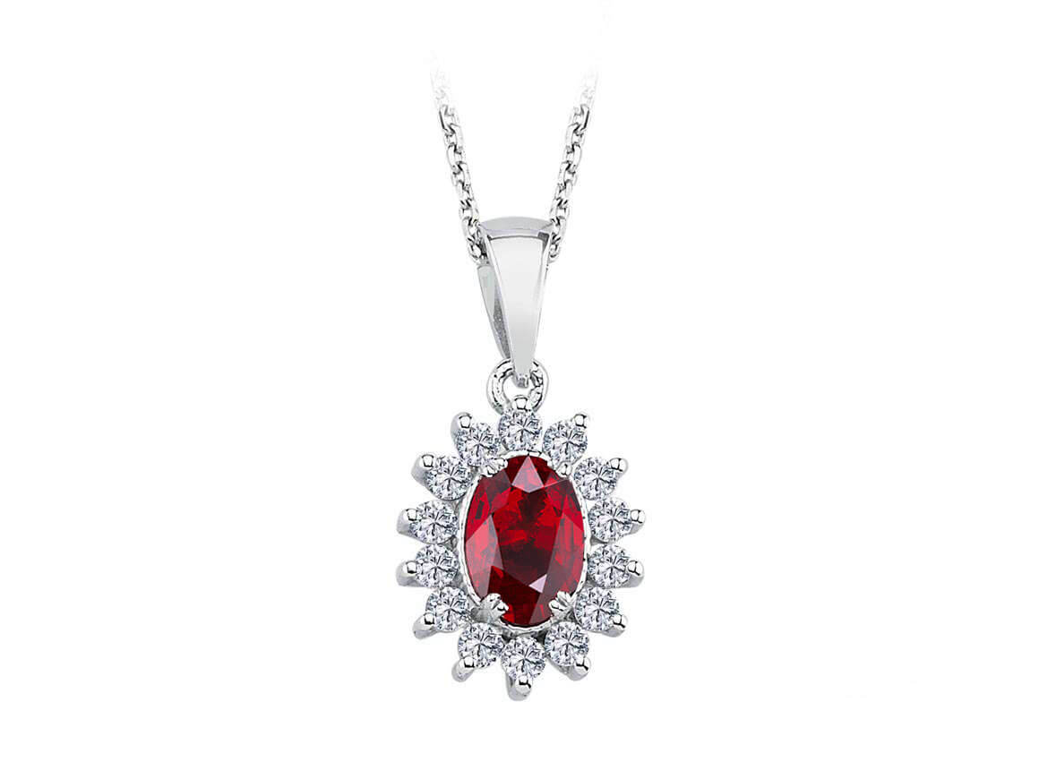 Diamond and oval ruby necklace in 14 K white gold