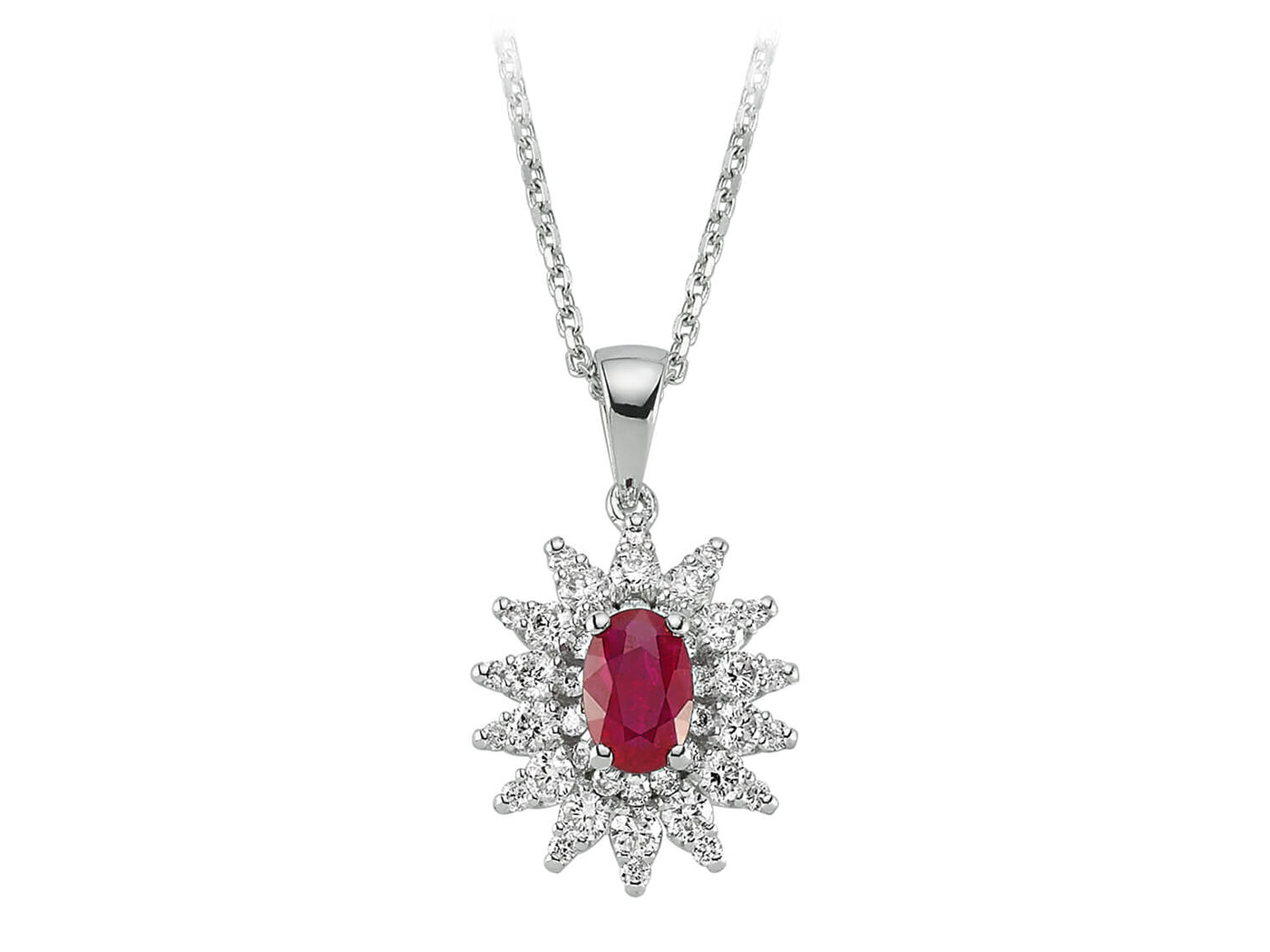 Diamond and oval ruby necklace in 18 K white gold