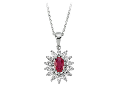Diamond and oval ruby necklace in 18 K white gold