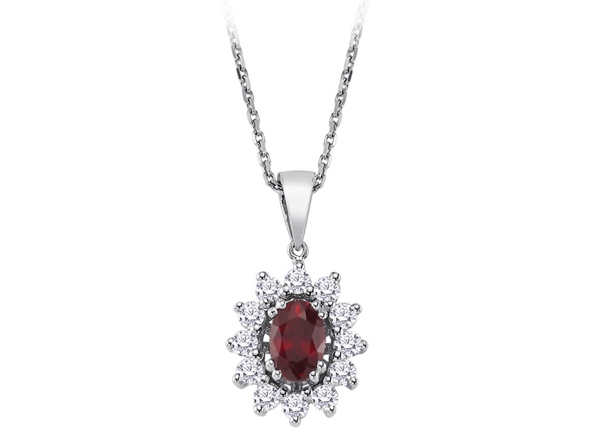 Diamond and oval ruby necklace in 14 K